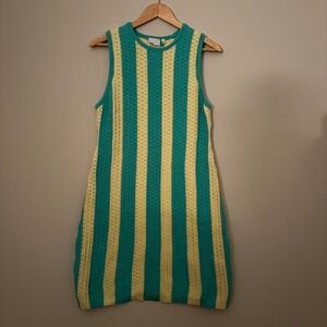 Daily Practice Anthropologie Yellow Teal Striped Knit Mini Dress Large NWT